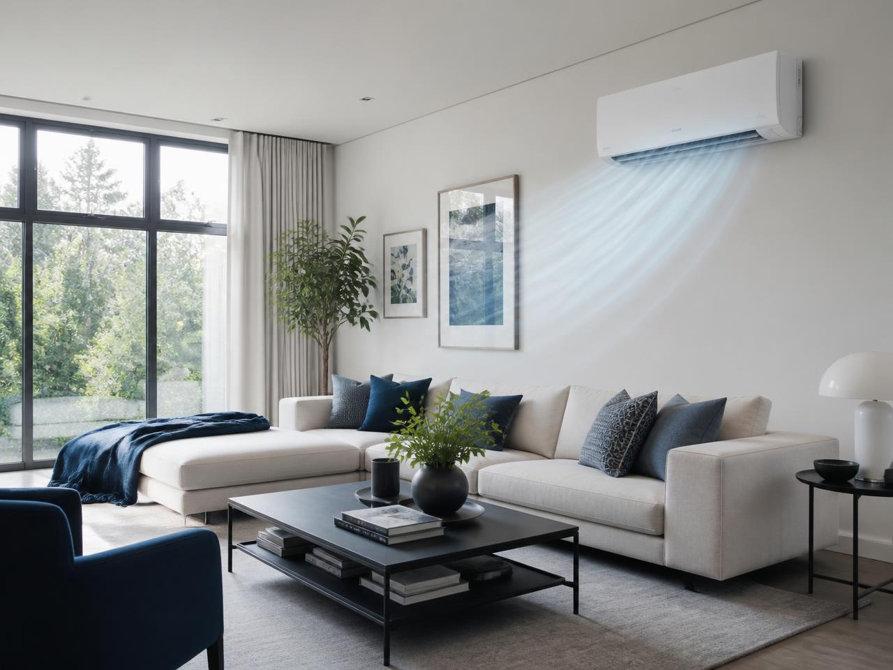 Modern UK living room with a discreet wall-mounted air conditioning unit providing controlled airflow