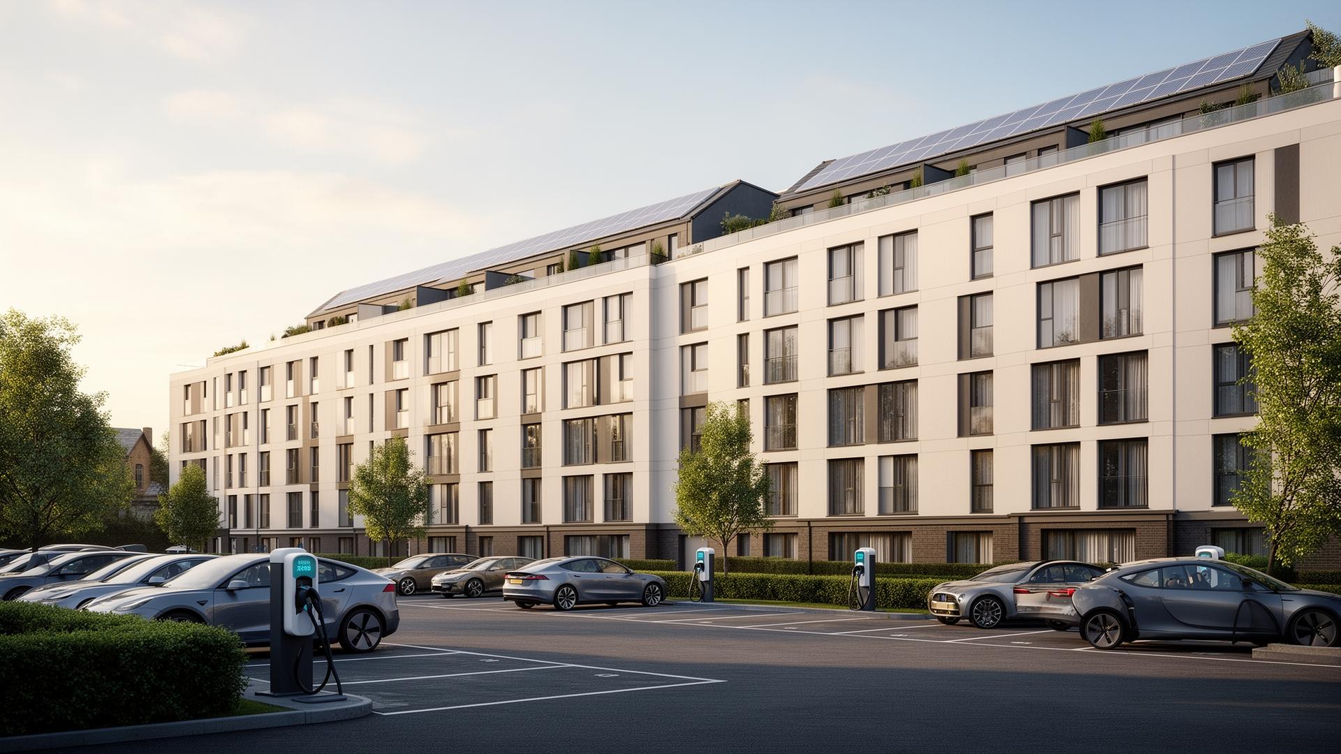 UK residential block with EV charging and rooftop solar