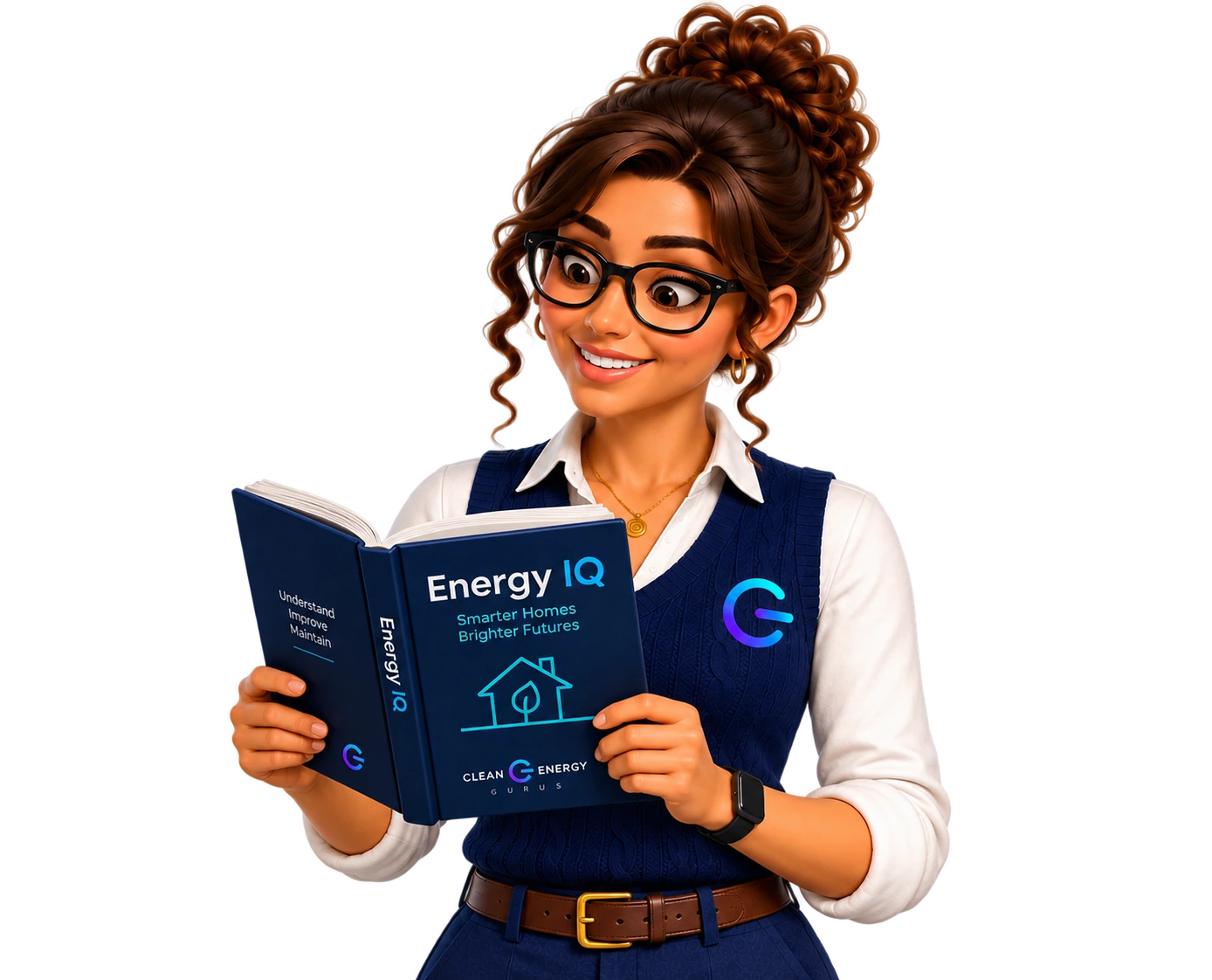 Evie from Clean Energy Gurus reading the Energy IQ guide