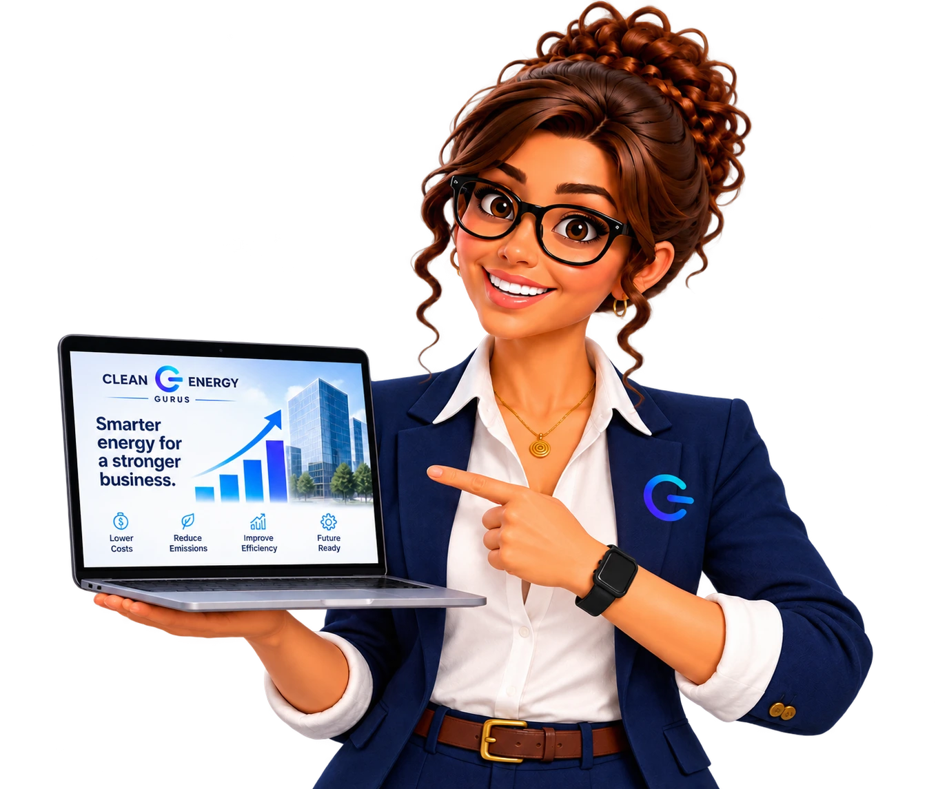 Evie presenting a business energy plan on a laptop