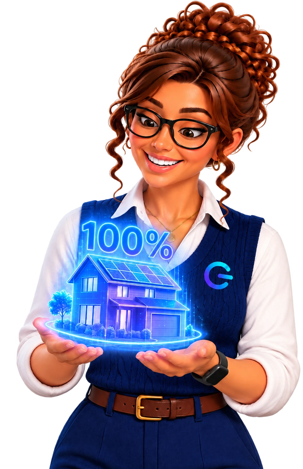 Evie from Clean Energy Gurus holding a glowing 100% energy-smart home hologram