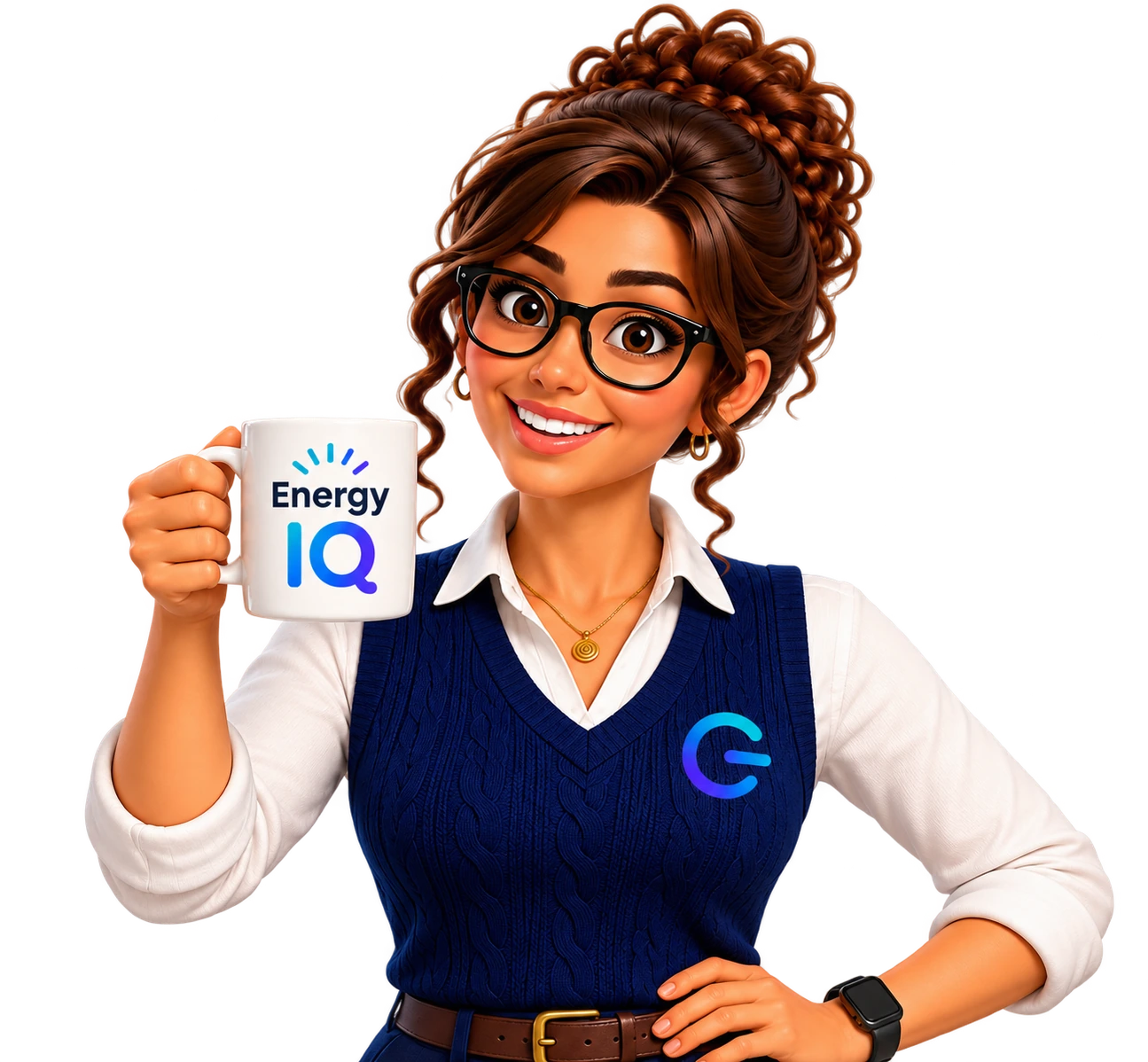 Evie from Clean Energy Gurus holding an Energy IQ mug